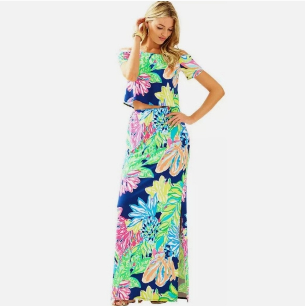 Lilly Pulitzer Mansai Resort Floral Off-Shoulder Top, Maxi-skirt 2 Piece Set. XS